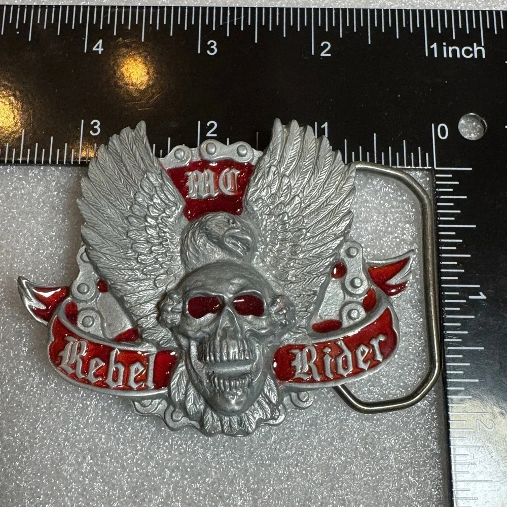 Winged Skull Eagle MC Rebel‎ Rider Belt Buckle Silver Tone Red Enamel Reissue